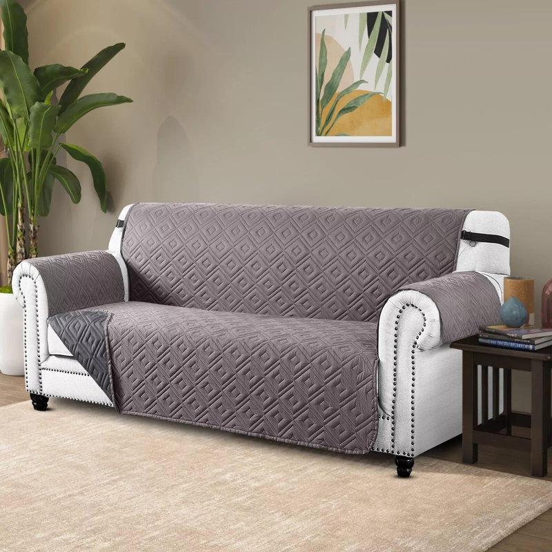 Reversible Waterproof Sofa Cover – Quilted Anti-Slip Couch Protector with Adjustable Strap, Light Grey/Dark Grey