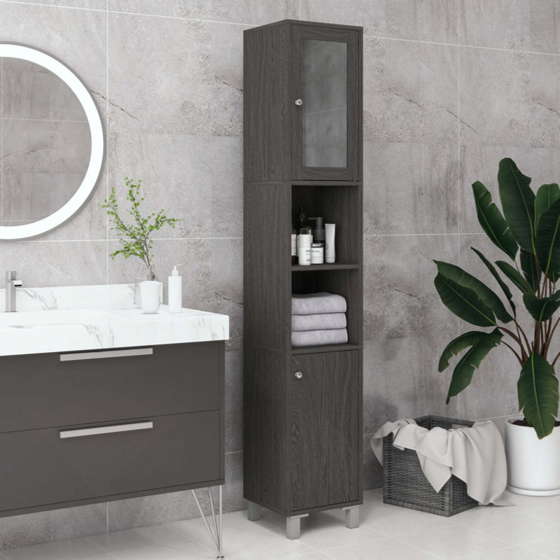 Grande armoire de rangement pour salle de bain avec miroir, armoire tour autoportante en bois avec tablettes réglables pour la salle de bain ou le salon