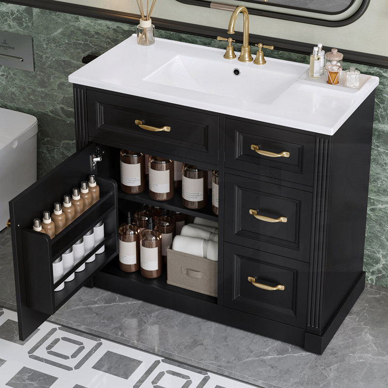Meuble-lavabo moderne avec lavabo, 4 tiroirs, porte à fermeture en douceur, tablette réglable et lavabo en céramique pour un rangement efficace et un design élégant, finition noire