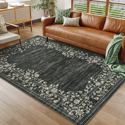 Tapis à motif floral moderne - très grand 9 x 12 pi, lavable, antidérapant, résistant aux marques, tapis pliable à poils courts pour le salon, la chambre à coucher, la chambre de bébé, le bureau - doux, facile d'entretien - noir, États-Unis