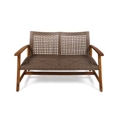 Outdoor Acacia Wood Wicker Loveseat, Patio Furniture Conversation Set For Backyard