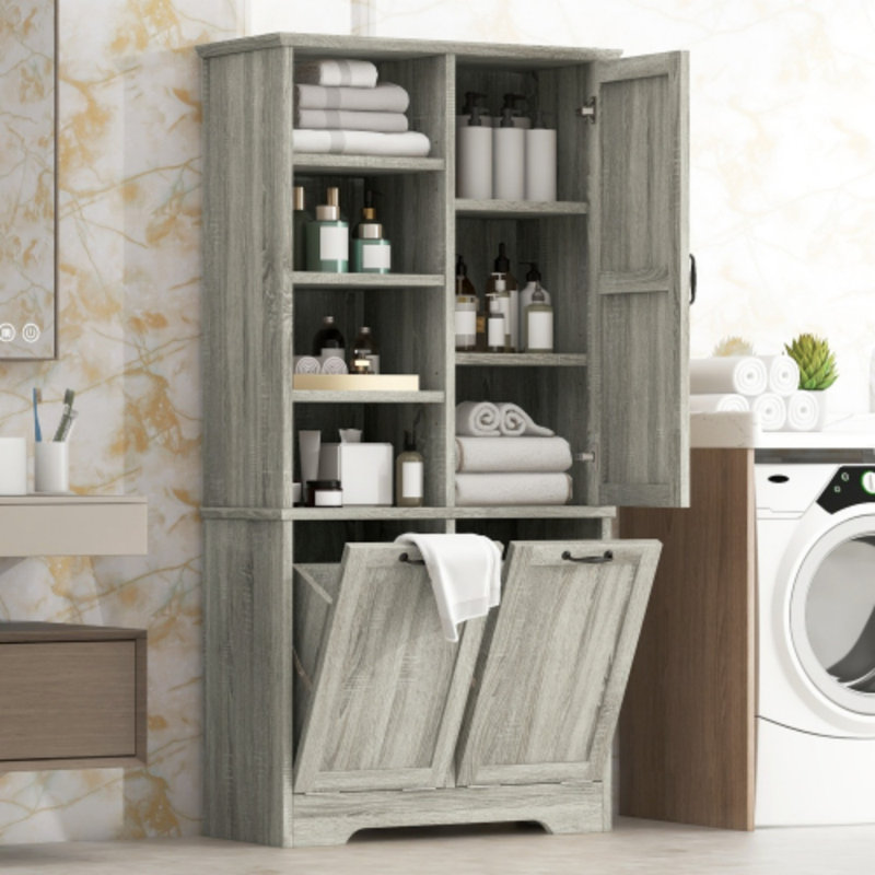 Freestanding Bathroom Storage Cabinet - Tilt-Out Hamper With Doors, Drawers & Adjustable Shelves, Gray