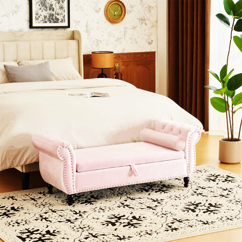 Banc repose-pieds rectangulaire en velours avec rangement et 1 coussin décoratif, Rose pastel