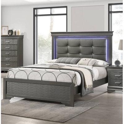 Queen Size Bed 80x60x57 inches Faux Leather Foam and Solid Wood Single Piece Upholstered Platform Bed Gray with Square Button Tufting Headboard and LED Lights