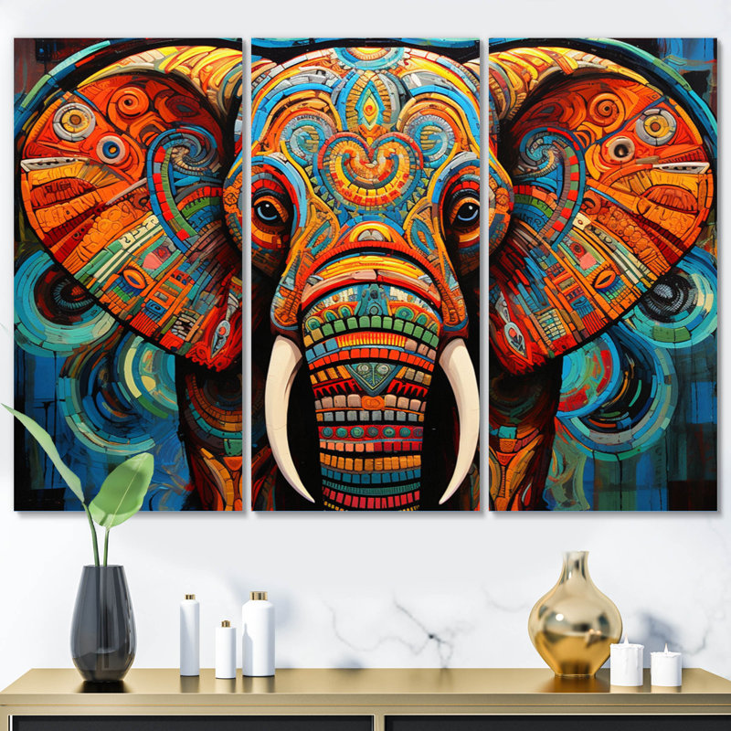Éléphant tribal majestueux sur toile, 3 pièces, H 28 po x l 36 po x P 1 po