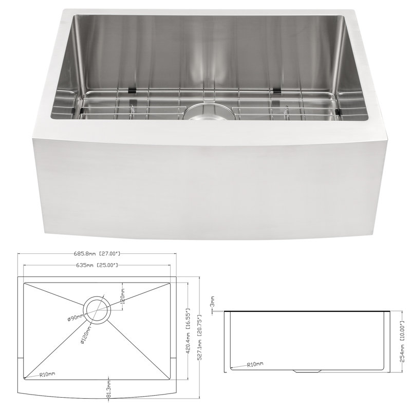 27"X21"X10" Kitchen Sink, Stainless Steel 16G T304, Style, Easy Drainage, Soundproofing, 10 Inch Deep Basin 27" Depth, X-Shaped Water Guide For 27"X21"X10