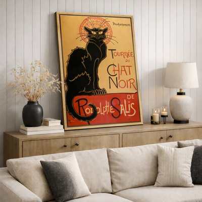 Vintage Black Cat French Poster Artwork, Retro Art Nouveau Style Pictures, Framed Canvas Giclee Print Wall Art