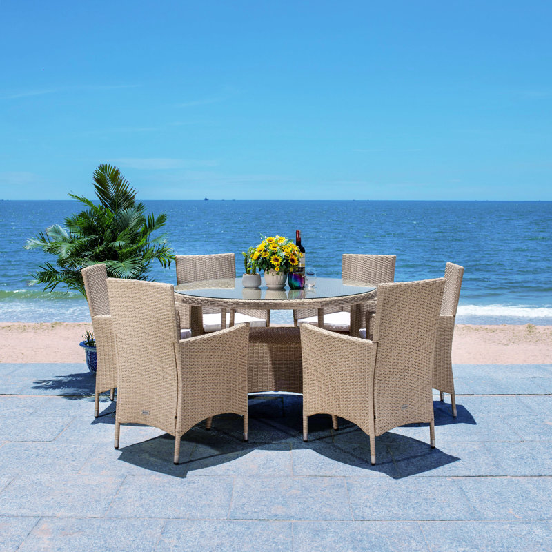 Alixs 6 - Person Wicker Patio Dining Set with Round Table , Cushions Included, Beige