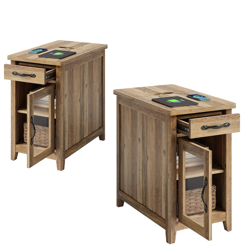 End Table With Storage And Charging Station Set Of 2, Brown