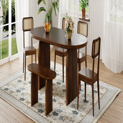 6 Piece Dining Table Set With Bench,Oval Kitchen Table Chairs Set For 6, Modern Style Dining Room Set