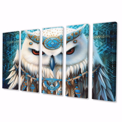 Portrait d'un hibou blanc et turquoise I - Décoration murale chouette animaux - 5 panneaux égaux