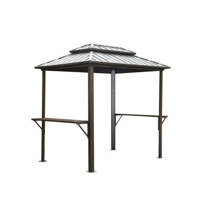 Outdoor Metal Gazebo 8' 6', Double Roof And Storage Shelves For A Charming Area In Lawn Brown Aluminum Convenient Patio, Lawn, Deck, Backyard
