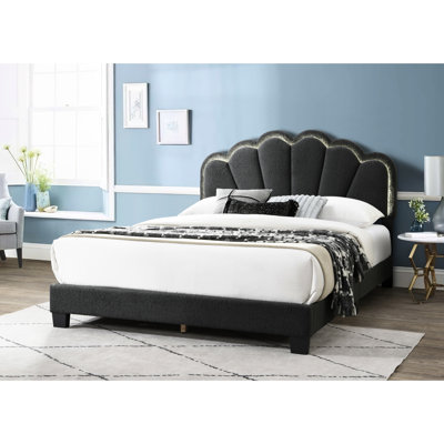 Grand lit rembourré en laine gris anthracite avec tête de lit à DEL - Cadre de lit plateforme contemporain