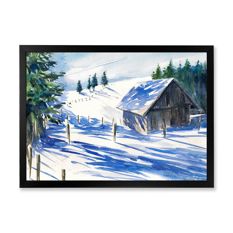 «Small Winter Farmhouse in Mountains», reproduction d'art sur toile, Cadre photo noir, H 24 po x l 36 po x P 1 po
