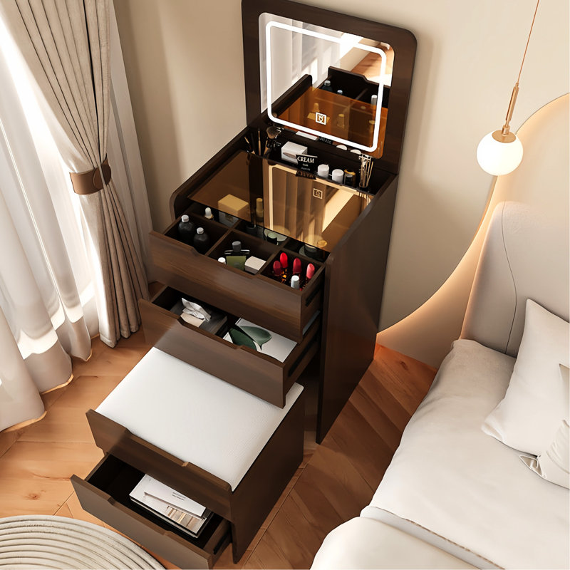 3 In 1 Walnut Vanity With Mirror And Efficient Storage System Desk Flip Top Organized Drawer