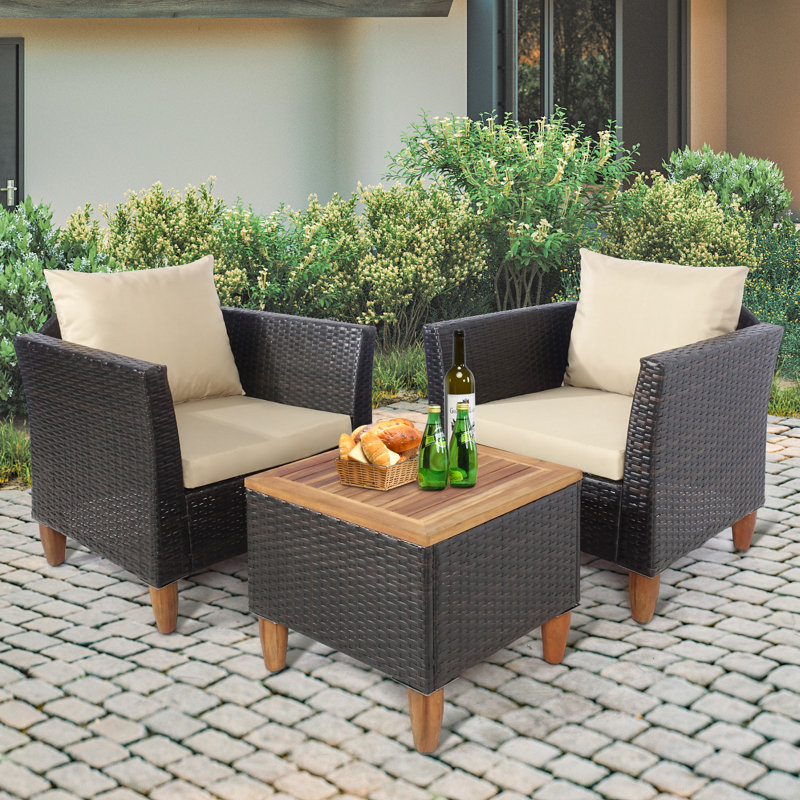 Bjana 2 - Person Acacia Patio Conversation Set with Cushions, Beige, Mix Brown
