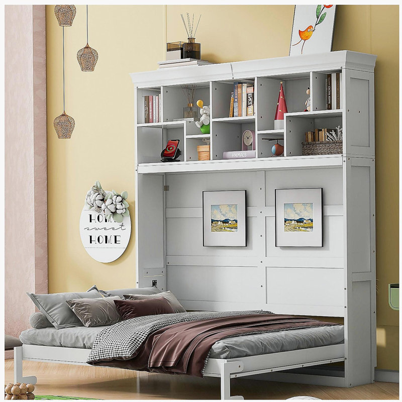 Grand lit mural pliant grand format avec auvent et port USB, blanc, Grand lit, Gris