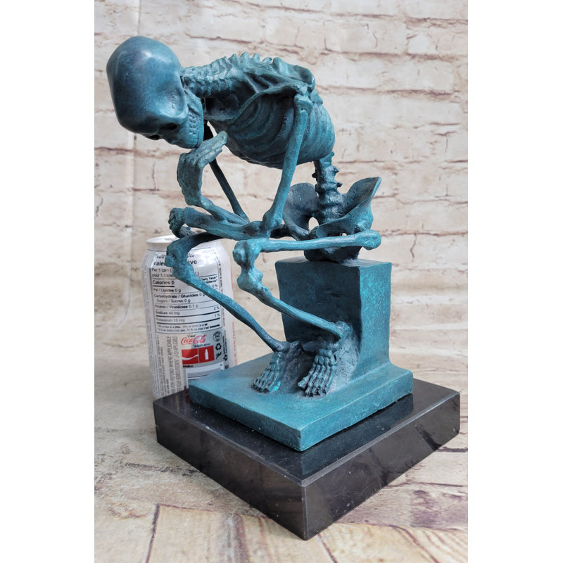 The Thinker Thinking Man Skeleton Bronze Metal Statue Sculpture Figure on Marble Base