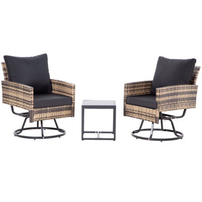 Ensemble de meubles de patio 3 pièces en osier avec chaises pivotantes et table basse, sièges d'extérieur pour porche / jardin (osier brun / coussins noirs)