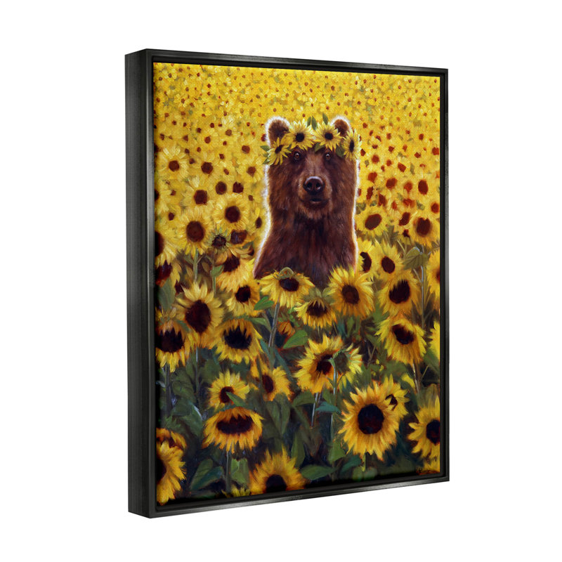 «Happy Bear Sunflower Field», peinture sur toile à cadre flottant, Cadre flottant noir de jais, H 31 po x l 25 po x P 1,7 po