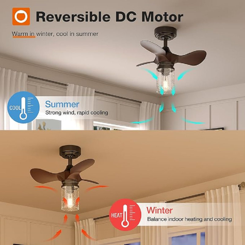 22 Inch Black and Wood Ceiling Fan with Glass Lampshade and Remote