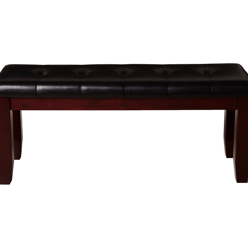 Banc contemporain, siège, pieds fuselés en bois, revêtement, finition rectangulaire, solide et brun cerise pour le salon de la chambre à coucher, siège en similicuir avec capitonnage, fabrication