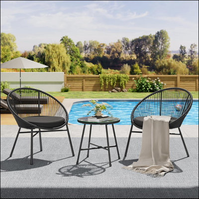 3 Piece Patio Bistro Set, Outdoor Acapulco Chairs Set Of 2 With Glass Top Table, All Weather Modern Patio Chairs With Cushions, Patio Conversation Bis by George Oliver