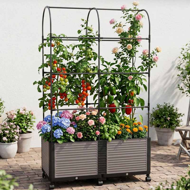 Raised Garden Bed Planter Box With Trellis For Climbing Vegetables Plants, Indoor Outdoor Use