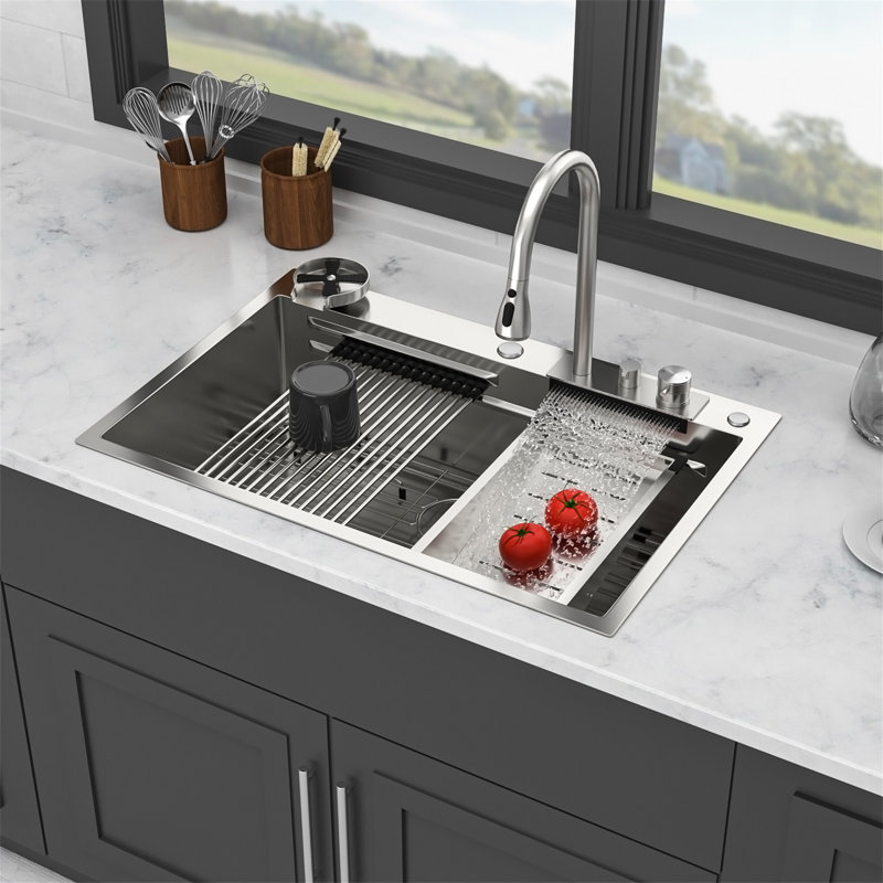 Évier de cuisine à cascade encastrée 33 po - 33 po x 22 po x 10 po à évier simple en acier inoxydable de calibre 16 avec poste de travail et robinet lavable