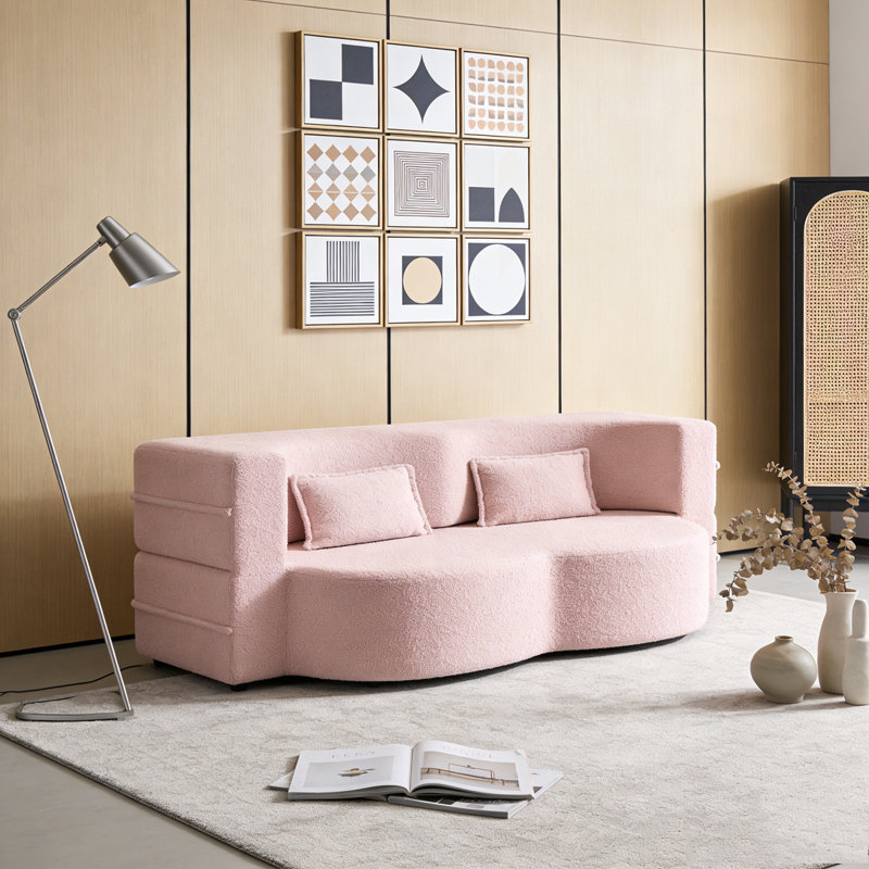 Modern Floor Sofa with 2 Pillows, Pink, Teddy