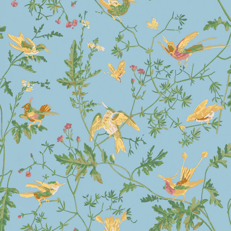 Hummingbirds Silk, Yellow/Blue