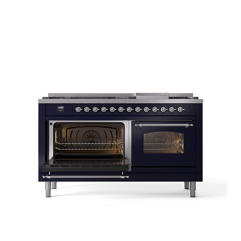 ILVE Nostalgie II 60 Dual Fuel Range, 9 Burners, Griddle, Midnight Blue/Chrome, Liquid Propane