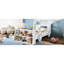Lit simple bleu et blanc en forme de voiture, rangement pour les essentiels et plateforme basse, lit de construction, organisation de chambre à coucher avec tablettes, construction à niveau-1807438174