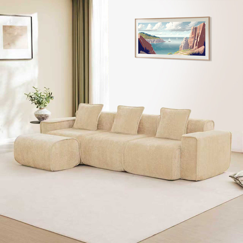 Modular 3 Seat L Shape Sectional Boneless Sofa Streamlined Design  With French Edge Piping, No Assembly Required, 3-Seat Sofa Couch With Throw Pillows And 1 Movable Ottoman, Velvet Fabric