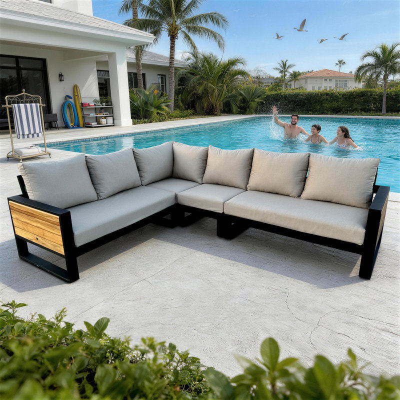 Denver 4-Piece Black Aluminum Outdoor Patio Deep Sectional Seating With Cast Ash Cushions, Beige