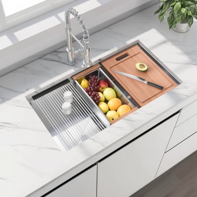 Évier de cuisine encastré en acier inoxydable, 30 po, calibre 18, rayon R10, accessoires de glissière, planche à découper en acier simple de X po, 10 rainures profondes, X rainures pour la vidange de l'eau