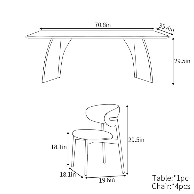 Minimalist high-end rectangular dining table set, 29.5"H x 70.8"L x 35.4"W