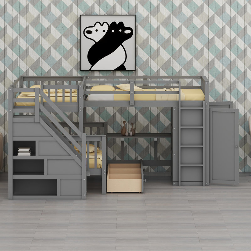 L-Shaped Bunk Bed With Integrated Drawers, Movable Desk, And Built-In Wardrobe, Gray