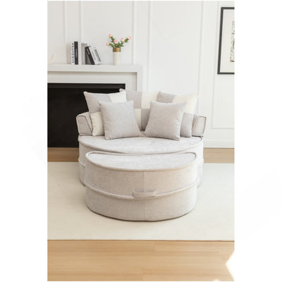 Fauteuil demi-tonneau d'appoint surdimensionné avec 5 coussins en chenille rembourrée avec canapé et repose-pieds pour salon / chambre à coucher / salle de lecture / chambre d'amis