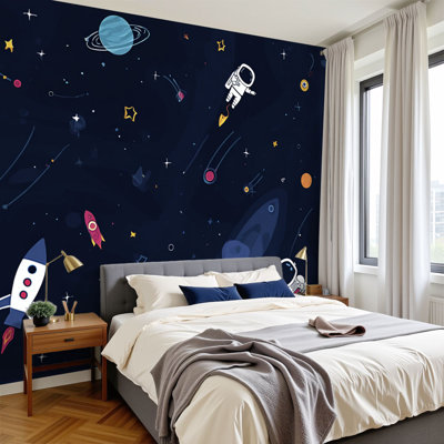 Peel and Stick Wallpaper 96" W x 69" H Modern Self Adhesive Wall Mural for Bedroom flat space seamless Cute Astronaut Spaceship Rocket Moon Black