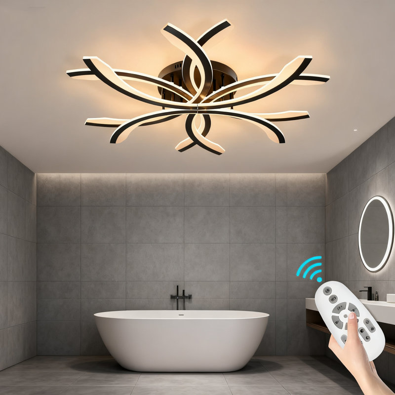 Modern LED Flush Mount Ceiling Light With Remote Control - Dimmable 144W Close-To-Ceiling Fixture, Adjustable Color Temperature 3000K-6500K, Night Light Mode, High CRI 90+, Black Floral Design