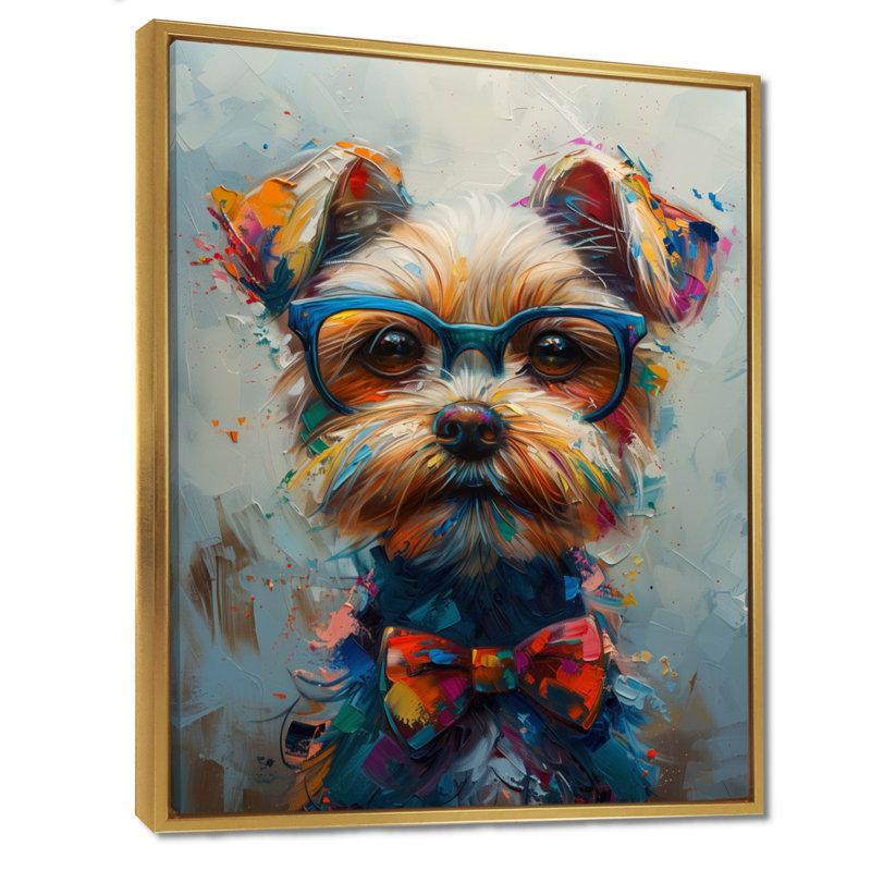 Rose curieux et gris Shih Tzu avec lunettes IV - art mural chien, Cadre flottant doré, H 24 po x l 32 po