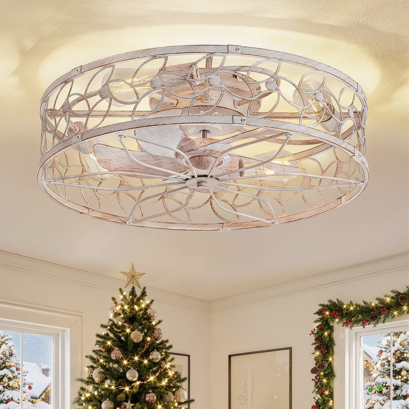 Ventilateur de plafond encastré de style campagnard blanc et doré de 23 po avec ensemble d'éclairage et télécommande Cissline pour chambre à coucher / salon / cuisine / salle à manger