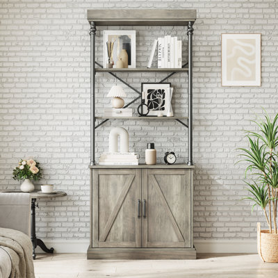 Bibliothèque industrielle avec portes - Bibliothèque en bois et métal à 5 niveaux - Armoire de rangement et tiroirs - Tablette de présentation autoportante pour le salon, la chambre à coucher, le bureau personnel - Style campagnard rétro - Gris