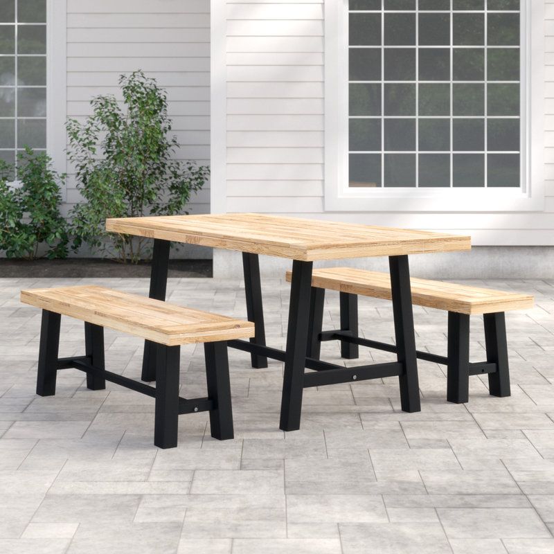 2 - Person Acacia Patio Dining Set with Rectangular Table, Brown / Black
