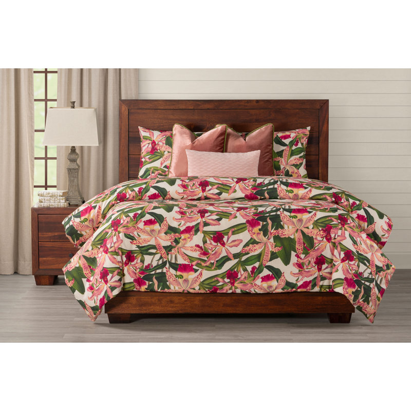 Pink Orchid Print Duvet Cover & Insert Set, King Duvet Cover + 2 Shams + 3 Pillows