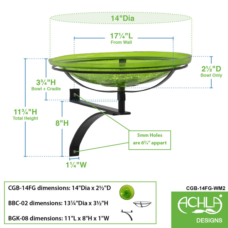 Fern Green Crackle Glass Birdbath with Black Wrought Iron Wall Bracket