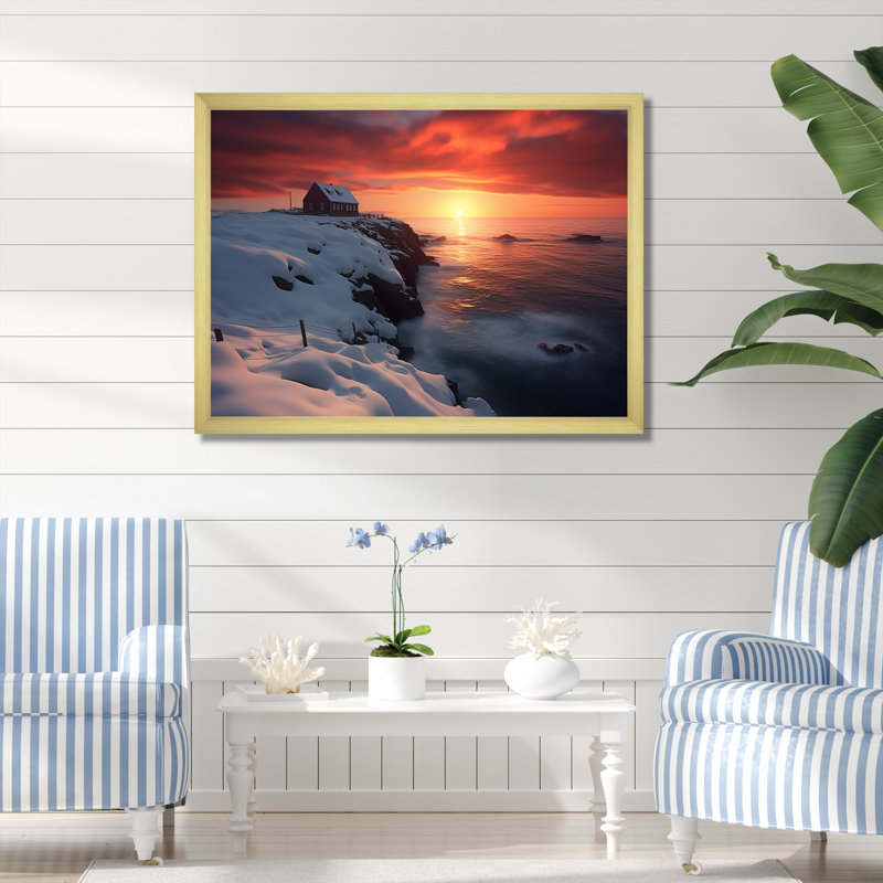 Garde côtière de phare en Alaska IV - art mural de phare de plage, Cadre flottant doré, H 16 po x l 32 po x P 1 po