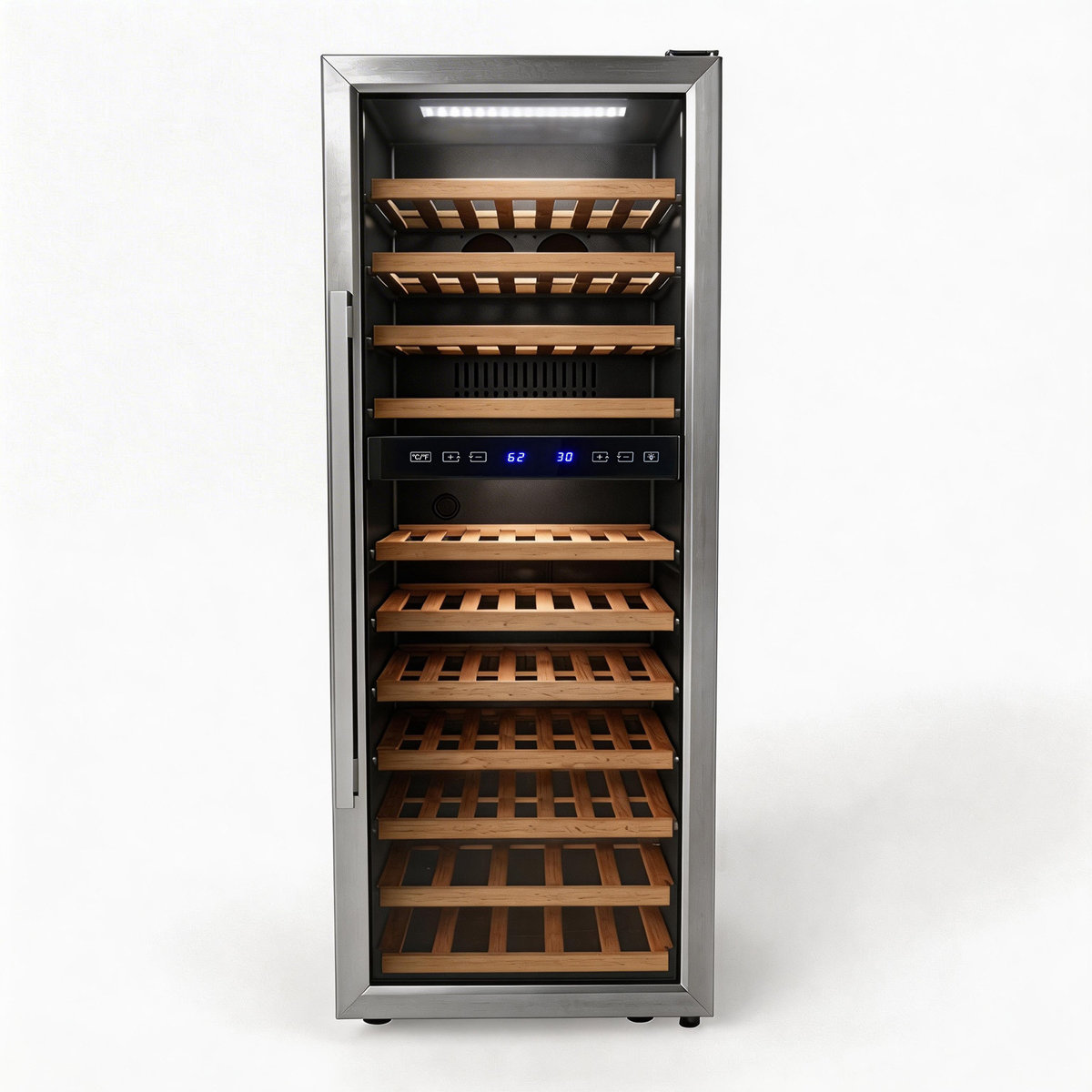 7 Cu.Ft. Dual Zone 73 Bottle Capacity Freestanding Wine Cooler In Black With 11-Tier Wood Shelves — FIN-0014278 | Fridge.com