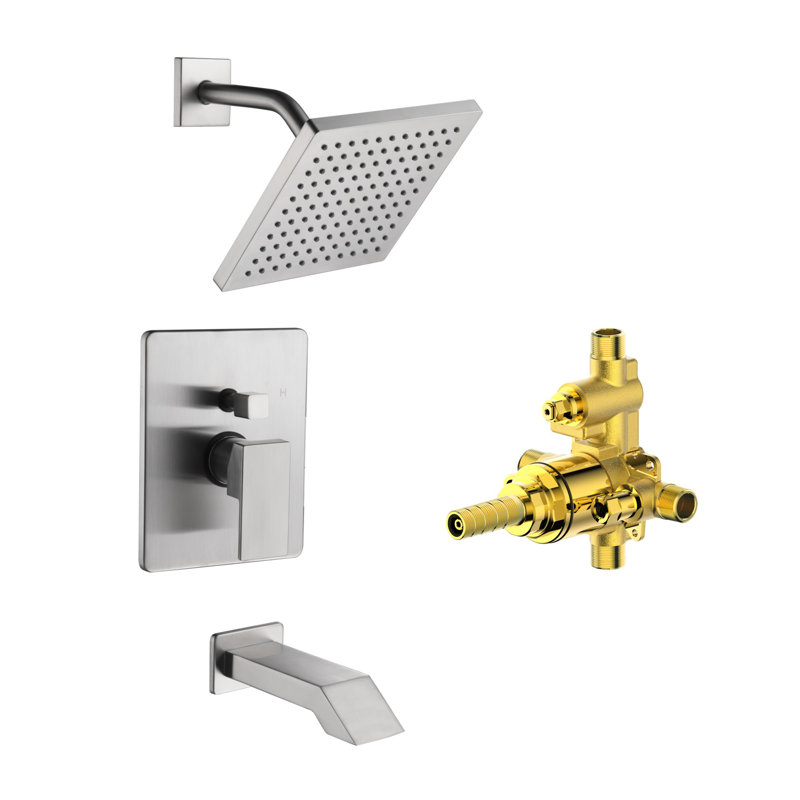 Système de douche Icon Collection: pomme de douche carrée de 8 po, bec de baignoire et soupape brute inclus - nickel brossé